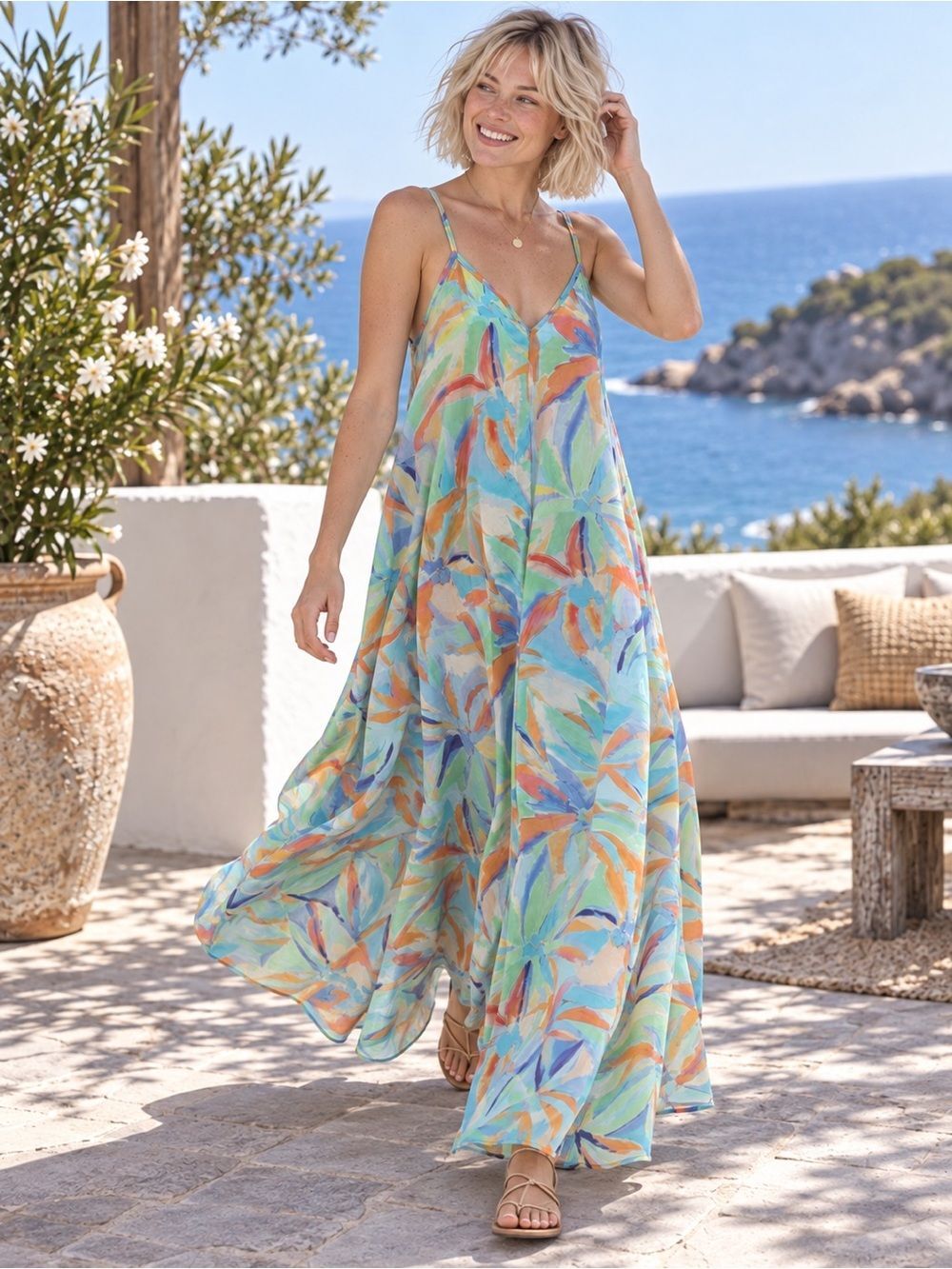 Haute Hippie Maxi Dress Adjustable Straps Watercolor Abstract Cotton Medium